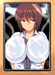  between_breasts breast_press breasts brown_hair commentary_request frown konno_tohiro large_breasts looking_away necktie necktie_between_breasts original plaid plaid_neckwear purple_eyes shirt short_hair solo_focus sweat upper_body wet wet_clothes white_shirt 