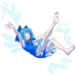  aimai-me bad_id bad_twitter_id barefoot blue_eyes blue_hair bow cirno dress feet flying full_body hair_bow ice ice_wings looking_at_viewer neck_ribbon open_mouth ribbon shirt short_hair simple_background smile solo touhou white_background wings 