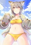  animal_ears bikini blush braid breasts cape claw_(weapon) cloud day erune granblue_fantasy grey_hair hair_between_eyes highres kaenuco looking_at_viewer medium_breasts navel outdoors red_eyes sen_(granblue_fantasy) side-tie_bikini sky solo sweat swimsuit water weapon wet yellow_bikini 