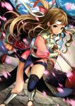  armor battoujutsu_stance brown_hair cherry_blossoms curly_hair fighting_stance fire_emblem fire_emblem_cipher fire_emblem_if headband highres japanese_clothes katana kazahana_(fire_emblem_if) long_hair looking_at_viewer official_art petals pisuke ready_to_draw sheath sheathed shin_guards single_thighhigh solo sword thighhighs weapon yellow_eyes 