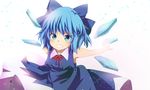  blue_eyes blue_hair blush bow cirno clenched_teeth funnyfunny grin hair_bow highres ice ice_wings outstretched_arms short_hair sleeveless smile solo teeth touhou wings 