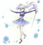  :&gt; :&lt; black_footwear blue_dress blue_eyes blue_hair blush closed_mouth dress full_body holding holding_sword holding_weapon iesupa left-handed long_hair looking_at_viewer myrtenaster outstretched_arms rapier rwby scar shoes side_ponytail sleeves_past_wrists smile snowflakes solo spread_arms sword tsurime v-shaped_eyebrows very_long_hair weapon weiss_schnee white_background 