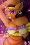  2016 anthro anthrofied armpits artisticduo bra bracelet breasts bubble cleavage clothed clothing equine female friendship_is_magic gold_(metal) hair harem hi_res hooves horn jewelry long_hair looking_at_viewer mammal midriff my_little_pony navel one_eye_closed piercing pink_background raised_arm saffron_masala_(mlp) simple_background smile solo translucent underwear unicorn veil voluptuous wink 