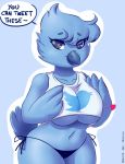  &lt;3 &lt;3_eyes 2019 anthro avian beak bird blue_feathers breasts clothed clothing dialogue digital_media_(artwork) english_text feathers female hi_res looking_at_viewer meme non-mammal_breasts shinsuke shirt signature solo text tweetfur twitter under_boob underwear 