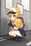  :o backpack bag baseball_cap black_legwear blonde_hair cropped_jacket downblouse female_protagonist_(pokemon_go) fingerless_gloves gloves green_eyes hat highres holding holding_phone jacket kneehighs mary_janes phone pleated_skirt pokemon pokemon_go ponytail rcsp shoes skirt solo squatting tiptoes yellow_jacket 