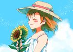  bangs blue_sky blush closed_eyes cloud day flower from_side hat highres holding holding_flower kousaka_honoka love_live! love_live!_school_idol_project orange_hair sky smile solo straw_hat sun_hat sunflower u_u upper_body white_(waterwhite) 