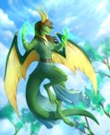  4_toes 5_fingers anthro armpits breasts brown_hair clothed clothing day detailed_background dragon eyelashes female green_eyes green_scales hair hornedfreak membranous_wings non-mammal_breasts open_mouth outside scales sky smile solo teeth toes wings 