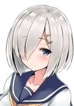  blue_eyes blush closed_mouth hair_ornament hair_over_one_eye hairclip hamakaze_(kantai_collection) kantai_collection looking_at_viewer mitsukazu_(nijigen_complex) portrait school_uniform serafuku short_hair silver_hair simple_background smile solo white_background 