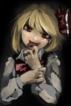  ascot blonde_hair bow dark fang hair_bow head_tilt nurupo_(abooon) open_mouth red_eyes rumia saliva solo tongue tongue_out touhou 