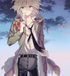  belt danganronpa hood hoodie jacket komaeda_nagito male_focus necktie shirakino sky solo super_danganronpa_2 white_hair 