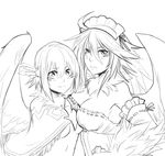  ahoge asymmetrical_docking breast_press breasts feathers greyscale griffon_(monster_girl_encyclopedia) hair_feathers highres large_breasts less looking_at_viewer maid_headdress monochrome monster_girl_encyclopedia multiple_girls sketch small_breasts source_request spiked_hair wings 