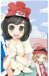  2girls arm_hug beanie black_hair blue_eyes blush brown_hair green_eyes hat jealous mizuki_(pokemon) multiple_girls open_mouth out_of_frame pokemon pokemon_(anime) pokemon_(game) pokemon_sm rakkogawa_rinro satoshi_(pokemon) serena_(pokemon) short_hair smile 