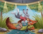  2016 anthro bite canine chill13 claws clothed clothing disney duo fangs female fox fully_clothed fur grass green_eyes grey_fur hawaiian_shirt judy_hopps lagomorph lights male mammal necktie nick_wilde orange_fur purple_eyes rabbit rock role_reversal shadow size_difference water zootopia 