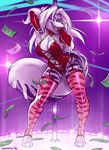  2016 anthro armpits clothing corset elbow_gloves envelope female gloves hair legwear lights lingerie mammal money nipples one_eye_closed open_mouth pole public rubber skunk solo stockings stripes white_hair zig_zag zummeng 