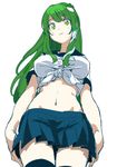  aimai-me arms_at_sides black_legwear blush breasts cowboy_shot frog_hair_ornament from_below front-tie_top green_eyes green_hair groin hair_ornament hair_tubes kochiya_sanae large_breasts long_hair looking_at_viewer looking_down midriff navel school_uniform serafuku shirt sketch skirt smile snake_hair_ornament solo thigh_gap thighhighs tied_shirt touhou white_background zettai_ryouiki 