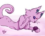  absurd_res anthro ball breasts cheek_tuft claws eeveelution espeon featureless_breasts feline female forked_tail fur gem hi_res laying_on_stomach lying mammal nintendo on_front pink_fur pok&eacute;mon pondering purple_eyes purple_fur simple_background solo tuft unknown_artist video_games yarn_ball 