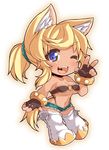  ;d animal_ears beltbra black_gloves blonde_hair blue_eyes boots bracelet breasts chibi cleavage dark_skin denim denim_shorts extra_ears fangs fingerless_gloves gloves jewelry large_breasts liru long_hair midriff navel o-ring o-ring_top one_eye_closed open_mouth outline ponytail renkin_san-kyuu_magical_pokaan rikumaru short_shorts shorts simple_background smile solo suspenders tail thigh_boots thighhighs whisker_markings white_background wolf_ears wolf_girl wolf_tail 