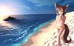  1girl animal_ears beach bikini child cloud day dkoro eyebrows female holding ice_cream licking navel open_mouth original outdoors sand solo swimsuit tail walking water 