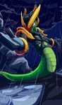  armor cloud freedom_planet goshaag green_scales male outside raining reptile scales scalie serpentine_(freedom_planet) snake solo video_games wet 