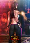  absurdres alternate_costume alternate_hairstyle ass black_hair from_behind ggg_(gonzalogallianoniz) han_juri highres logo long_hair looking_at_viewer looking_back multicolored_hair pants purple_eyes smile solo street_fighter street_fighter_v thigh_gap tight tight_pants trefoil two-tone_hair 