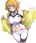  bike_shorts blue_eyes blush breasts brown_hair closed_mouth collarbone commentary_request cowboy_shot groin gundam gundam_build_fighters gundam_build_fighters_try highres hoshino_fumina jacket large_breasts looking_at_viewer midriff nakahira_guy navel nose_blush open_clothes open_jacket ponytail short_hair simple_background solo sports_bra stomach sweat white_background yellow_jacket 