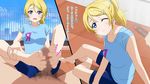  1girl artist_request ayase_eli barefoot bike_shorts blonde_hair blue_eyes blush cum cum_trail ejaculation facial feet footjob hairclip looking_at_viewer love_live! masturbation one_eye_closed ponytail pov sitting smile source_request t-shirt toes translated 