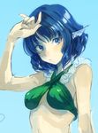 aimai-me bare_shoulders blue_background blue_eyes blue_hair breasts closed_mouth covering_face expressionless head_fins midriff short_hair sketch small_breasts solo swimsuit touhou upper_body wakasagihime 