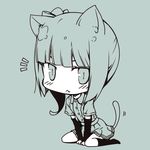  1girl :&lt; animal_ears arm_warmers cat_ears cat_tail chibi commentary fang green kantai_collection kasumi_(kantai_collection) kemonomimi_mode kouji_(campus_life) looking_at_viewer monochrome motion_lines side_ponytail simple_background sitting sketch skirt slit_pupils solo tail v_arms wariza 