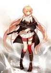  black_footwear blonde_hair boots braid choker cross-laced_footwear full_body girls_frontline gun highres holding holding_weapon jacket knee_boots lace-up_boots long_hair looking_away ots-14 ots-14_(girls_frontline) pleated_skirt red_legwear single_thighhigh skirt solo sptuel standing striped striped_legwear thighhighs twintails vertical-striped_legwear vertical_stripes weapon white_skirt yellow_eyes 