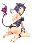  animal_ears ass barefoot bell bell_collar black_hair black_panties bob_cut bow cat_ears cat_tail collar corset cuffs fang feet fingernails full_body highres kneeling looking_at_viewer looking_back nail_polish nasubi_(w.c.s) original panties red_bow short_hair simple_background solo tail tail_bow underwear white_background yellow_eyes 