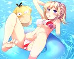  afloat barefoot bikini blonde_hair blue_eyes blush breasts feet female_protagonist_(pokemon_go) gen_1_pokemon hand_behind_head highres innertube legs long_hair looking_at_viewer medium_breasts multicolored multicolored_bikini multicolored_clothes navel open_mouth partially_submerged pokemon pokemon_(creature) pokemon_go ponytail psyduck sidelocks soaking_hands swimsuit underboob water z.nov 