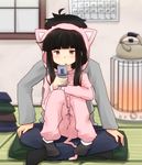  1boy 1girl black_hair eyebrows eyebrows_visible_through_hair fooyuta hatsuyuki_(kantai_collection) holding holding_phone hoodie indoors kantai_collection kettle long_hair pajamas phone shadow shiny shiny_skin sitting 