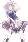  aimai-me apron braid cowboy_shot frills holding holding_knife izayoi_sakuya knife knives_between_fingers looking_at_viewer maid_apron maid_headdress open_mouth red_eyes short_hair silver_hair sketch solo thighhighs touhou twin_braids vest white_background 