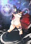  areola_slip areolae ass back black_hair boots breasts brown_eyes butcherboy cape cleavage gauntlets high_heels highres large_breasts long_hair looking_at_viewer magic_circle original slingshot_swimsuit solo swimsuit 