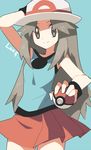  blue_(pokemon) blue_background brown_eyes brown_hair character_name dadadanoda hand_behind_head hat highres holding holding_poke_ball long_hair looking_at_viewer official_style poke_ball poke_ball_(generic) pokemon pokemon_(game) pokemon_frlg porkpie_hat red_skirt sidelocks skirt sleeveless smile solo wristband 