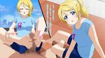  1girl artist_request ayase_eli barefoot bike_shorts blonde_hair blue_eyes blush eyes_closed feet footjob hairclip looking_at_viewer love_live! open_mouth ponytail pov sitting source_request t-shirt toes translated 