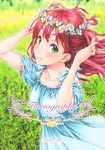  absurdres copyright_name cover dress floriography flower frilled_dress frills green_eyes highres looking_at_viewer mizutani_tooru pansy pink_hair short_hair smile solo wind wreath 