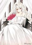  :o alternate_costume bare_shoulders black_wings blush bouquet breasts bridal_veil cleavage collarbone commentary_request doll_joints dress elbow_gloves flower folded_wings gloves long_hair looking_at_viewer medium_breasts parted_lips red_eyes red_flower red_rose rose rozen_maiden silver_hair solo suigintou tousen twitter_username veil wedding_dress white_dress white_gloves wings 