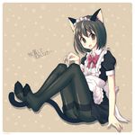  animal_ears apron black_hair black_legwear cat_ears cat_tail commentary_request gusset kimarin looking_at_viewer maid maid_apron maid_headdress original pantyhose puffy_short_sleeves puffy_sleeves short_hair short_sleeves sitting solo tail thighband_pantyhose translation_request 