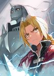  &gt;:( alphonse_elric armor blonde_hair blurry braid brothers depth_of_field edward_elric electricity frown full_armor fullmetal_alchemist height_difference highres horn long_hair looking_to_the_side male_focus matsui_hiroaki ponytail serious siblings spikes v-shaped_eyebrows yellow_eyes 