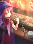  ;) animal_ears apron bird_wings blush borushichi chopsticks clenched_hand closed_mouth commentary_request food food_stand grill head_scarf highres japanese_clothes kimono looking_at_viewer mystia_lorelei noren obi oden okamisty one_eye_closed pink_eyes pink_hair plate red_kimono sash short_hair smile solo tasuki touhou wings yatai 