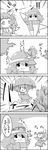  4koma ascot cirno comic commentary daiyousei fairy fairy_wings flying greyscale hair_ribbon highres ice letty_whiterock monochrome multiple_girls pose ribbon sazae-san scarf side_ponytail smile tani_takeshi touhou translated wings yukkuri_shiteitte_ne |_| 