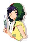  1girl breasts gorillaz green_eyes hair_over_one_eye helmet mask noodle_(gorillaz) purple_hair shirt smile solo 