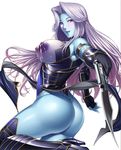  1girl alberta_(taimanin_asagi) ass blue_skin breasts kokonoki_nao large_breasts long_hair looking_at_viewer nail_polish navel nipples pointy_ears purple_eyes silver_hair solo taimanin_asagi taimanin_asagi_battle_arena weapon 