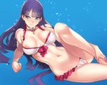  ban bare_shoulders bikini blue_eyes breasts choker cross cross_necklace fate/grand_order fate_(series) jewelry large_breasts navel necklace nipple_slip nipples purple_hair saint_martha saint_martha_(swimsuit_ruler)_(fate) solo swimsuit 