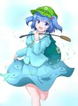  backpack bag blue_eyes blue_hair blush boots cattail cowboy_shot dress_shirt eyebrows eyebrows_visible_through_hair grass hair_bobbles hair_ornament hand_up hat highres holding kawashiro_nitori key leaf leg_up long_sleeves open_mouth plant pocket popomu reeds shirt short_hair skirt skirt_hold skirt_set smile solo touhou two_side_up 