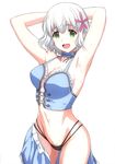  1girl a1 amagi_brilliant_park armpits arms_up bare_arms blue_skirt breasts choker cleavage cowboy_shot earrings eyebrows eyebrows_visible_through_hair green_eyes highres large_breasts mound_of_venus muse_(amaburi) navel open_mouth pubic_hair short_hair simple_background skirt sleeveless solo standing sweat thong undressing white_background white_hair 