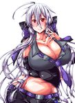  absurdres ahoge bare_shoulders breasts cleavage commentary_request highres huge_breasts long_hair looking_at_viewer midriff misakana navel necktie red_eyes ribbon silver_hair smile solo stomach very_long_hair vocaloid voyakiloid white_background yowane_haku 