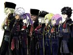  4girls alternate_costume amakusa_shirou_(fate) avenger ayamatazu black_hair blonde_hair brown_hair curly_hair dark_skin dark_skinned_male edmond_dantes_(fate/grand_order) everyone fate/apocrypha fate/grand_order fate/hollow_ataraxia fate_(series) from_side fujimaru_ritsuka_(male) gold_trim group_picture group_profile jeanne_d'arc_(alter)_(fate) jeanne_d'arc_(fate) jeanne_d'arc_(fate)_(all) lineup long_hair looking_afar mash_kyrielight multiple_boys multiple_girls profile purple_hair saint_martha simple_background standing white_background white_hair 