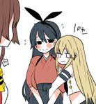  3girls alternate_headwear arm_hug black_hair black_ribbon blonde_hair brown_hair commentary_request doyagao flying_sweatdrops hair_ribbon hakama hakama_skirt houshou_(kantai_collection) japanese_clothes kantai_collection lowres multiple_girls ribbon school_uniform serafuku shimakaze_(kantai_collection) simple_background smug spoken_interrobang sweatdrop white_background yamato_(kantai_collection) yoichi_(umagoya) 